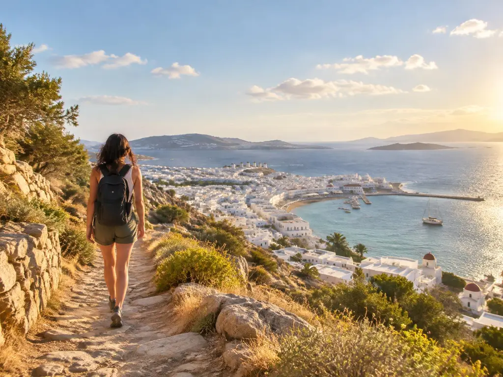 A traveller with a backpack walks a sunny coastal footpath above a white seaside town